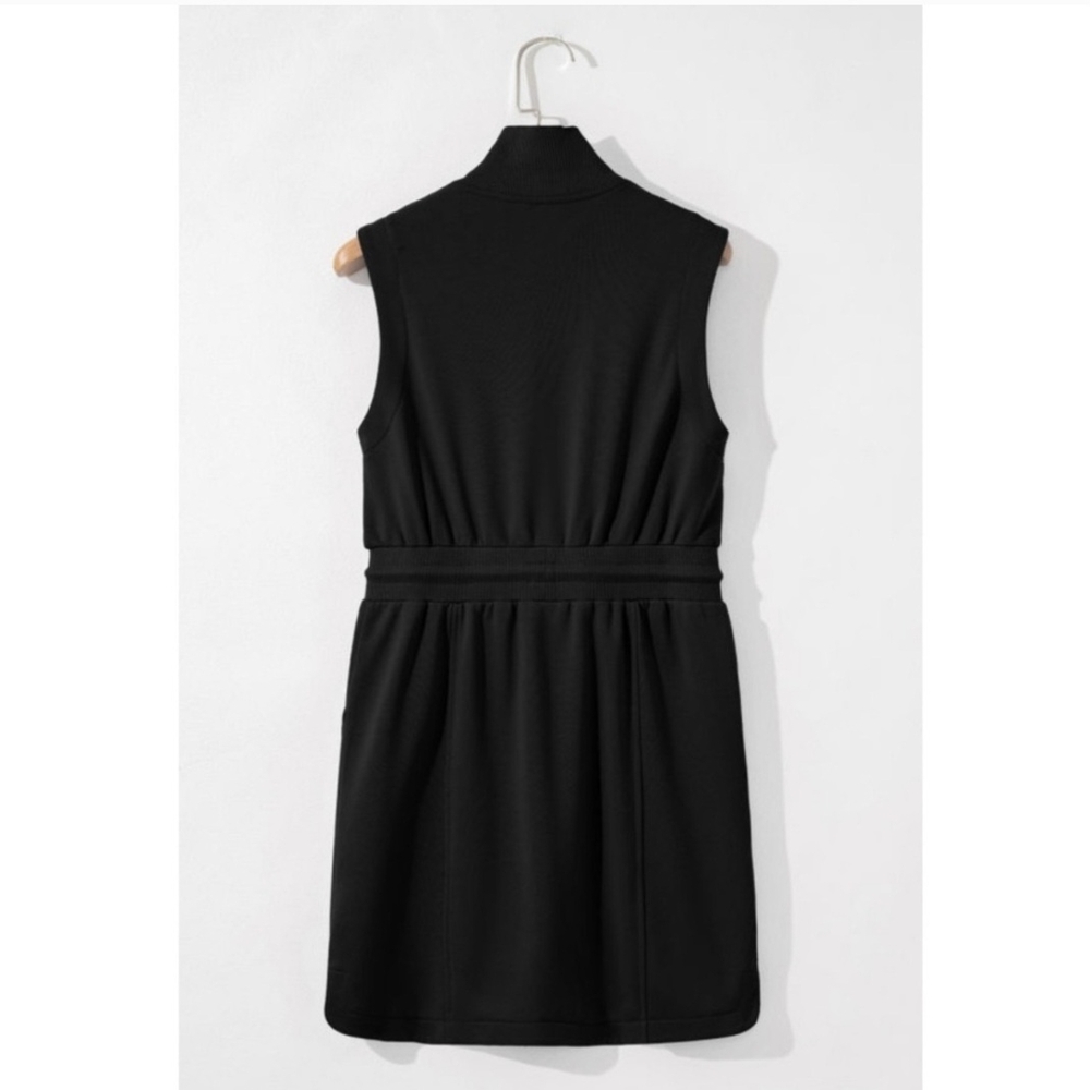 Casual Black Zipped Polo Collar Drawstring Mini Dress - Picture 5 of 10